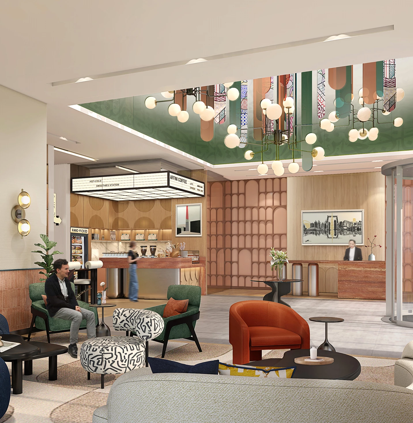 a lobby with a couple of people sitting in chairs