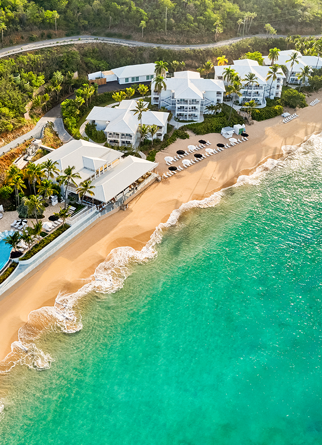 a beach with white buildings and palm trees