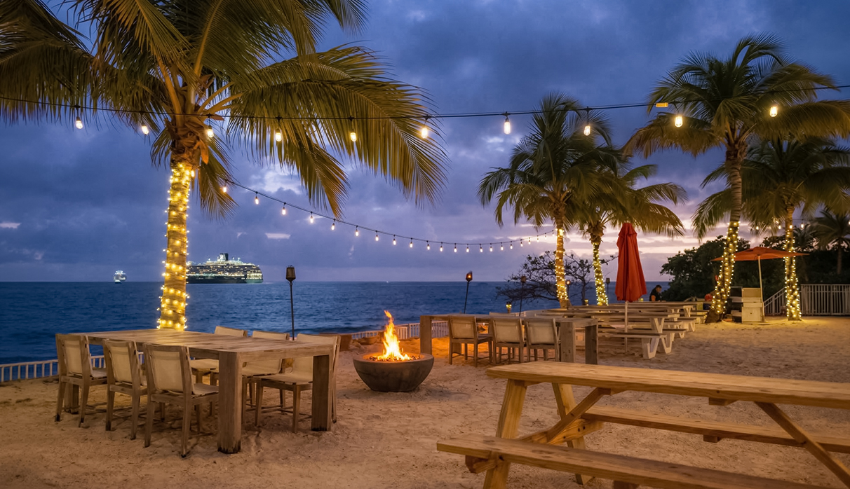 a fire pit with palm trees and a cruise ship in the background