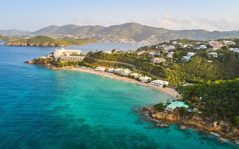a beach with buildings and trees on it