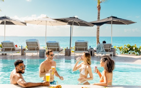 a group of people in a pool