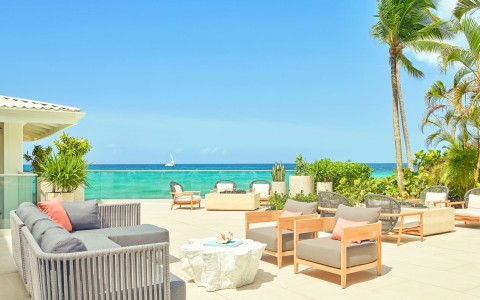 a patio with chairs and a table and a palm tree
