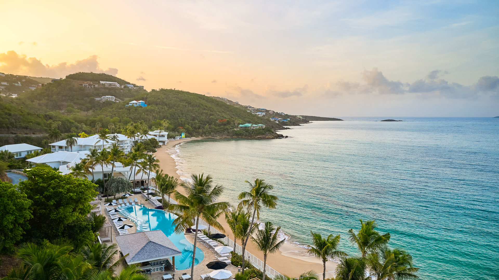 a beach with palm trees and a pool