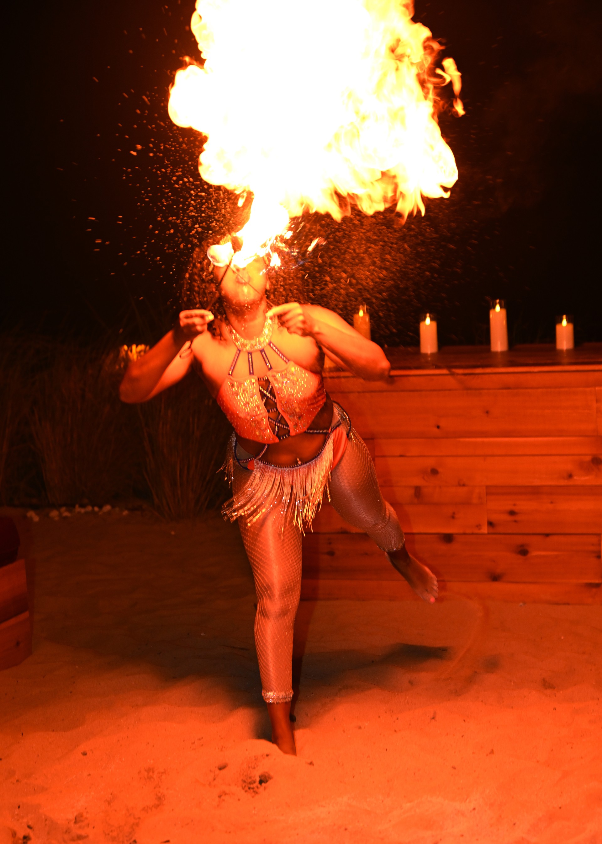 a woman with fire on her face