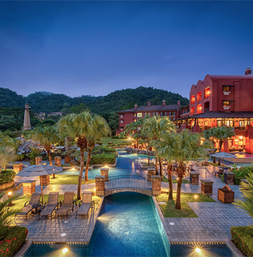 a pool with a bridge and palm trees