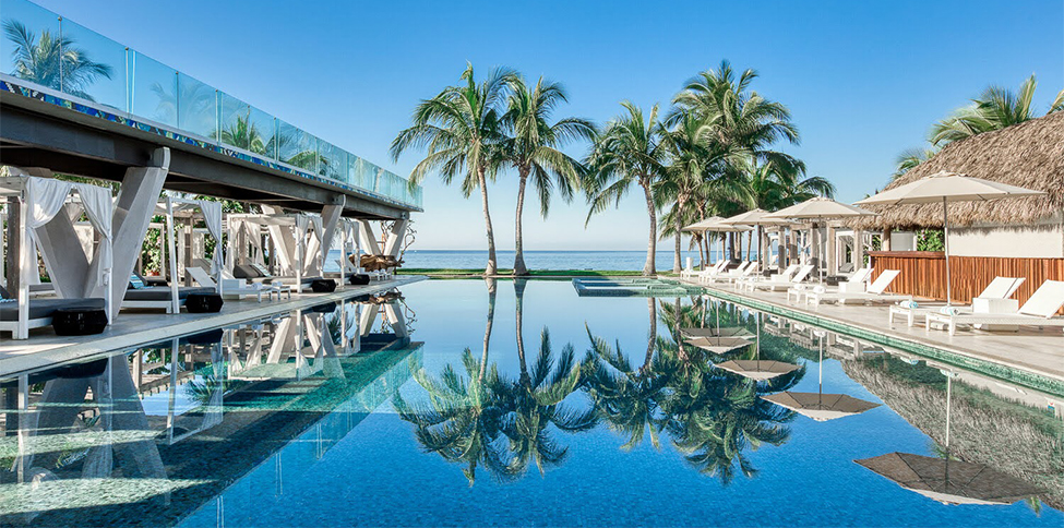 a pool with palm trees and a bridge
