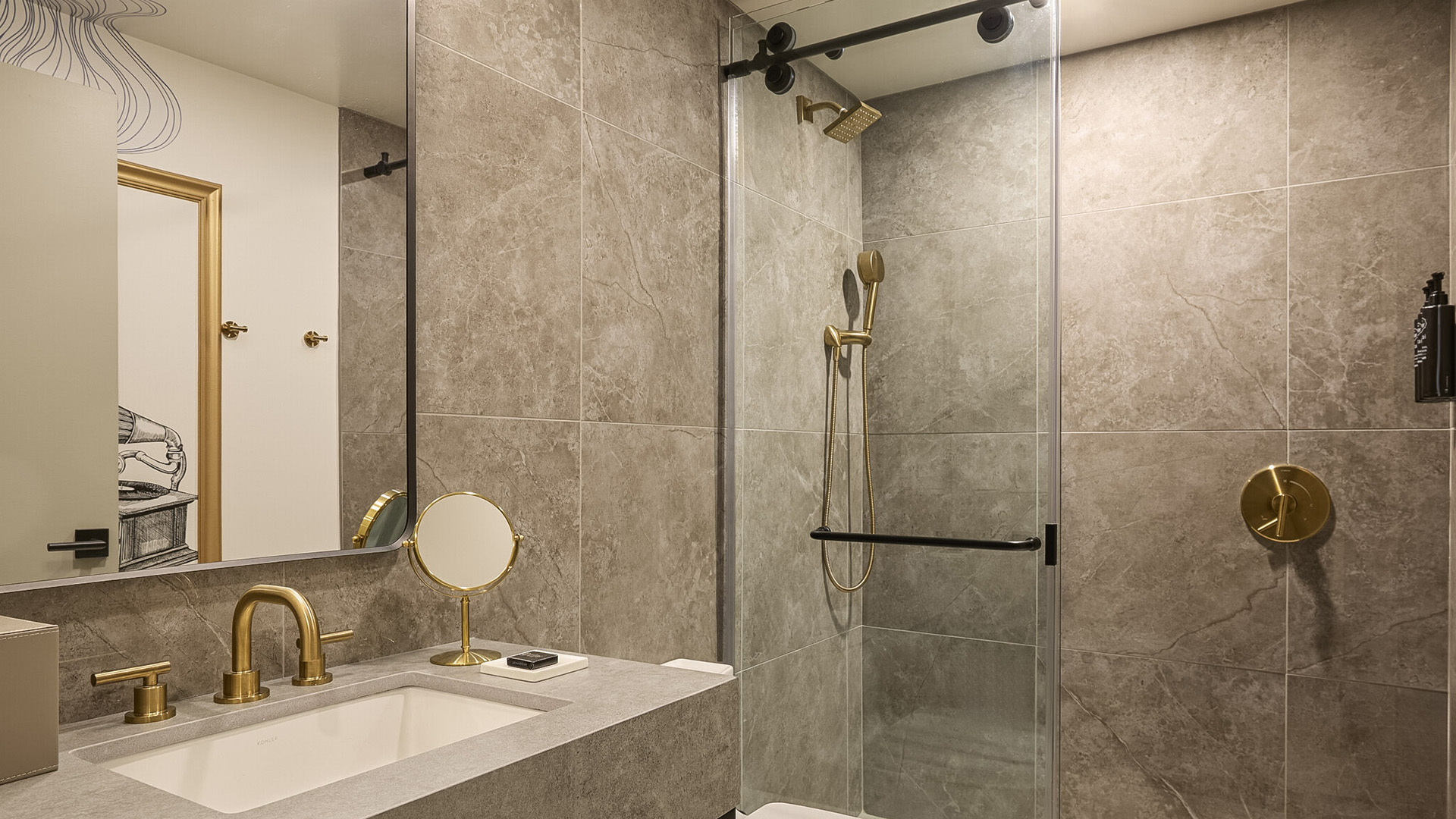 a bathroom with a shower and sink