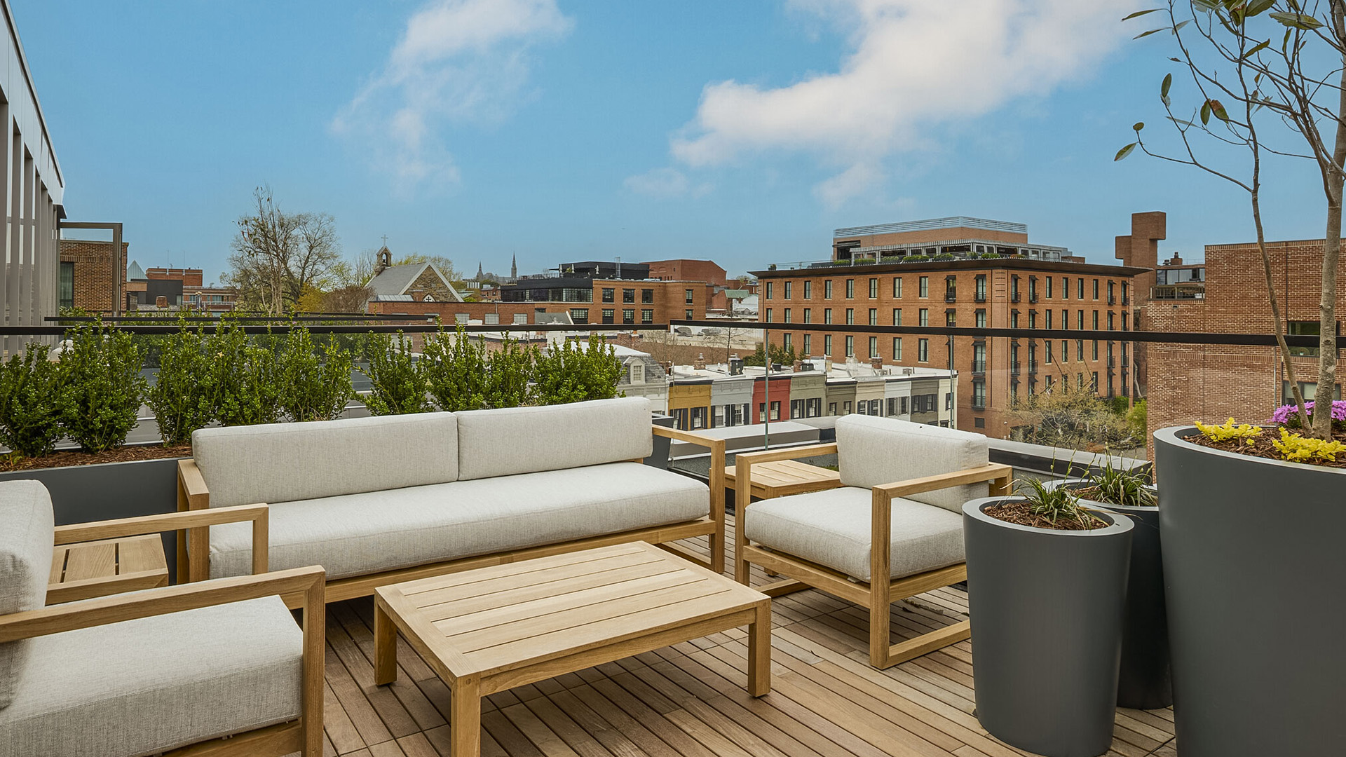 a patio with a couch and a table