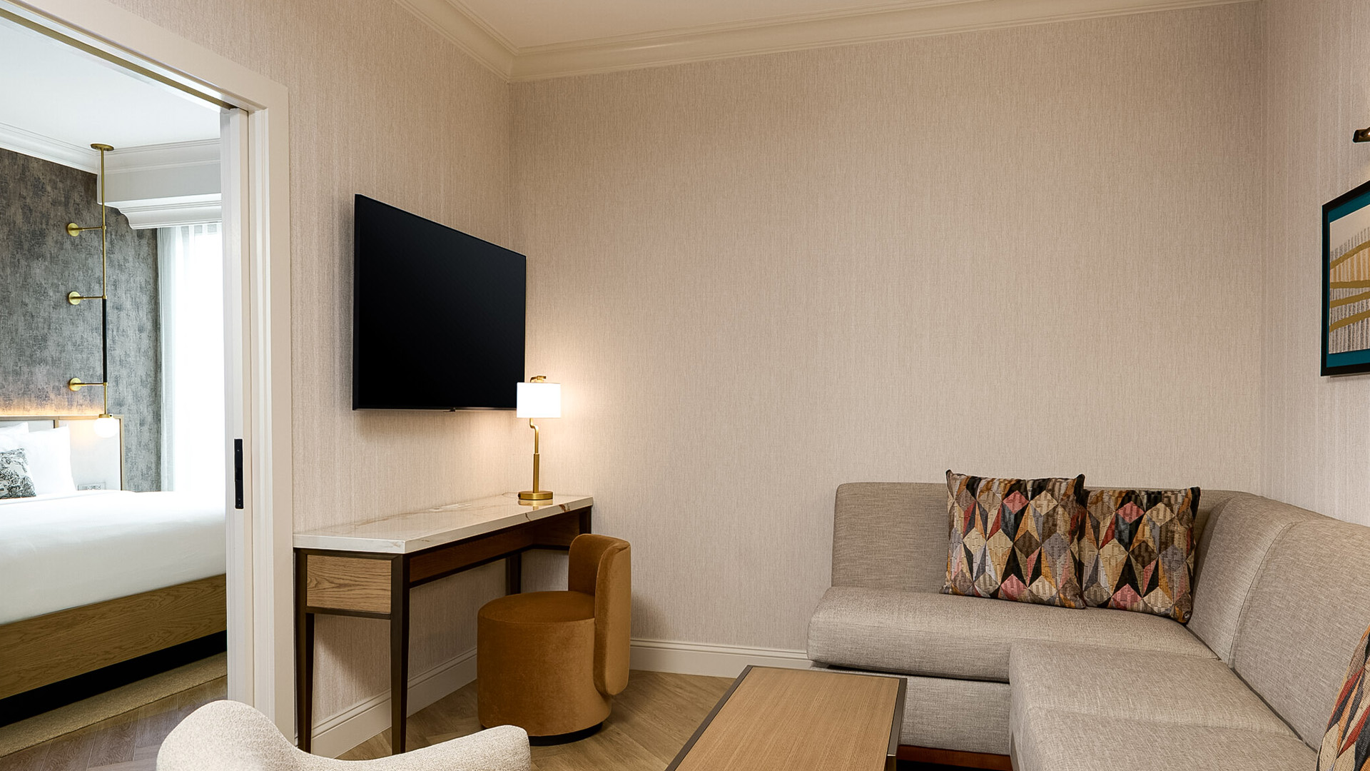 a room with a television and a table