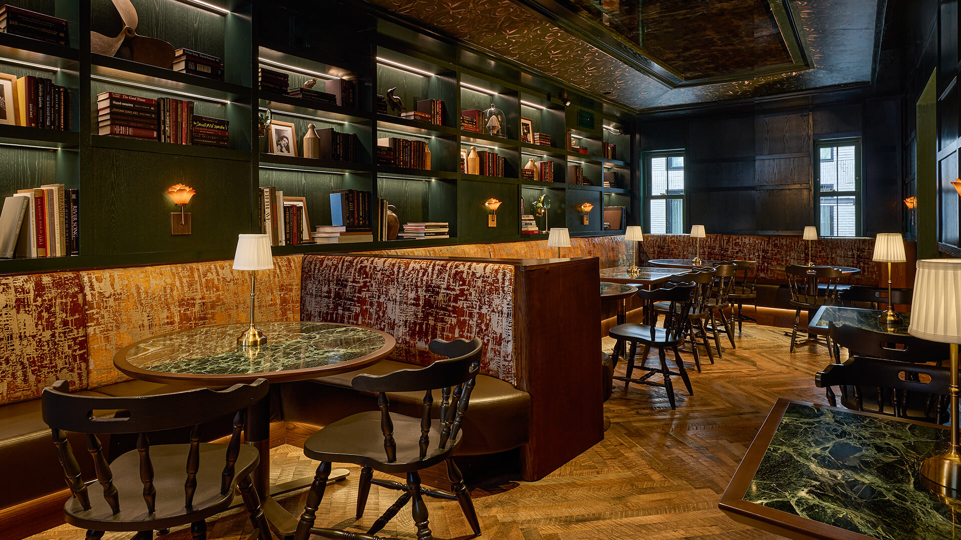 a room with a table and chairs