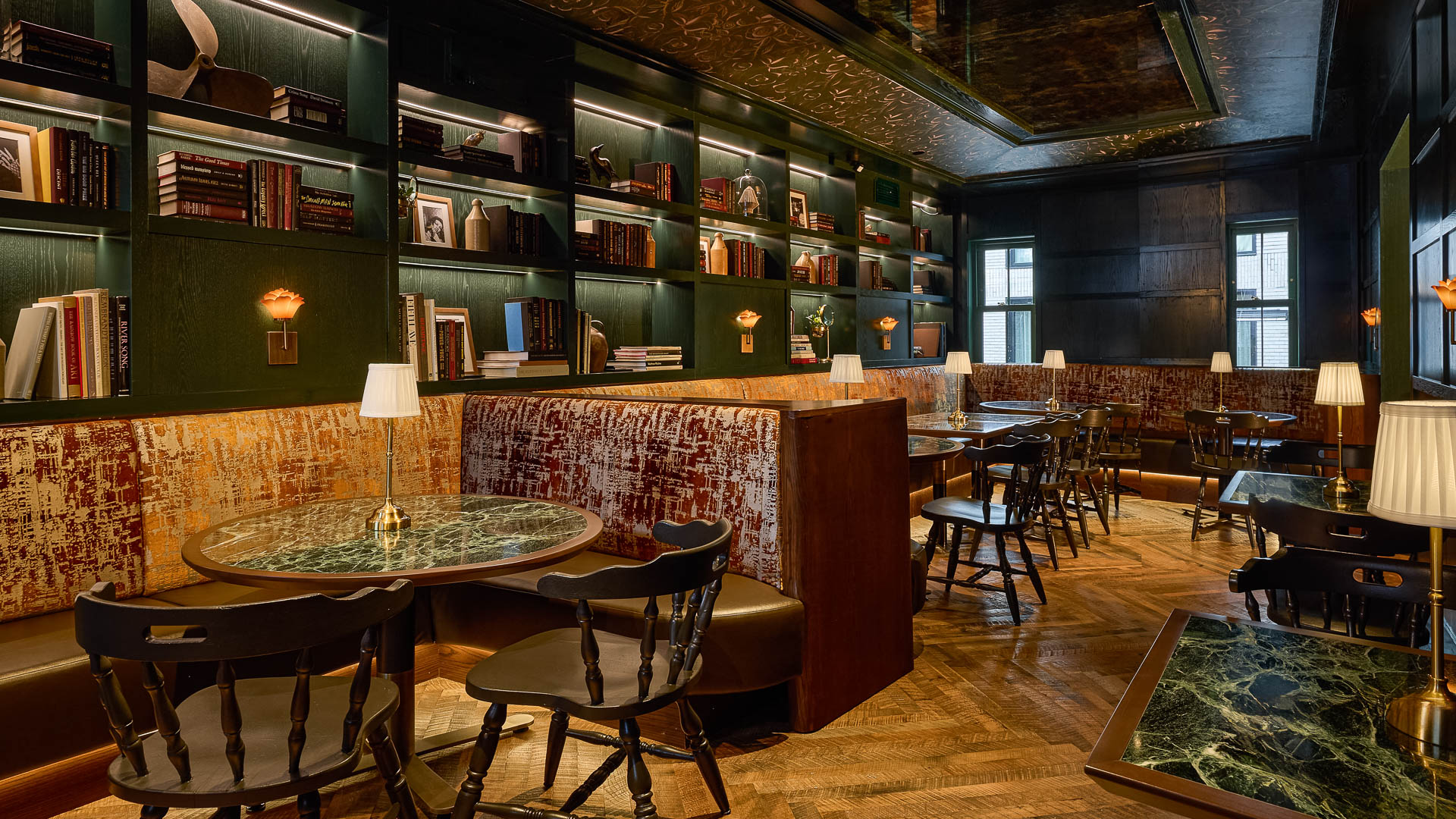 a room with a table and chairs