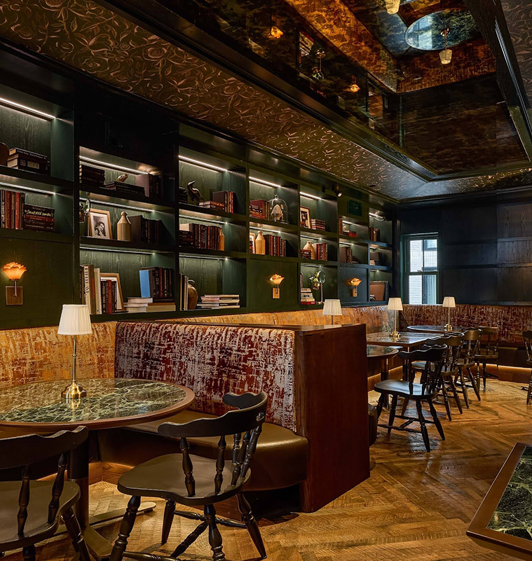 a room with a table and chairs