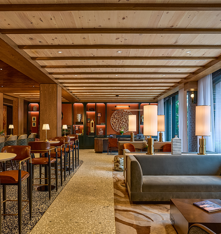 a room with tables and chairs