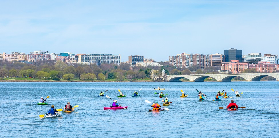 a group of people in kayaks on a river with a city in the background