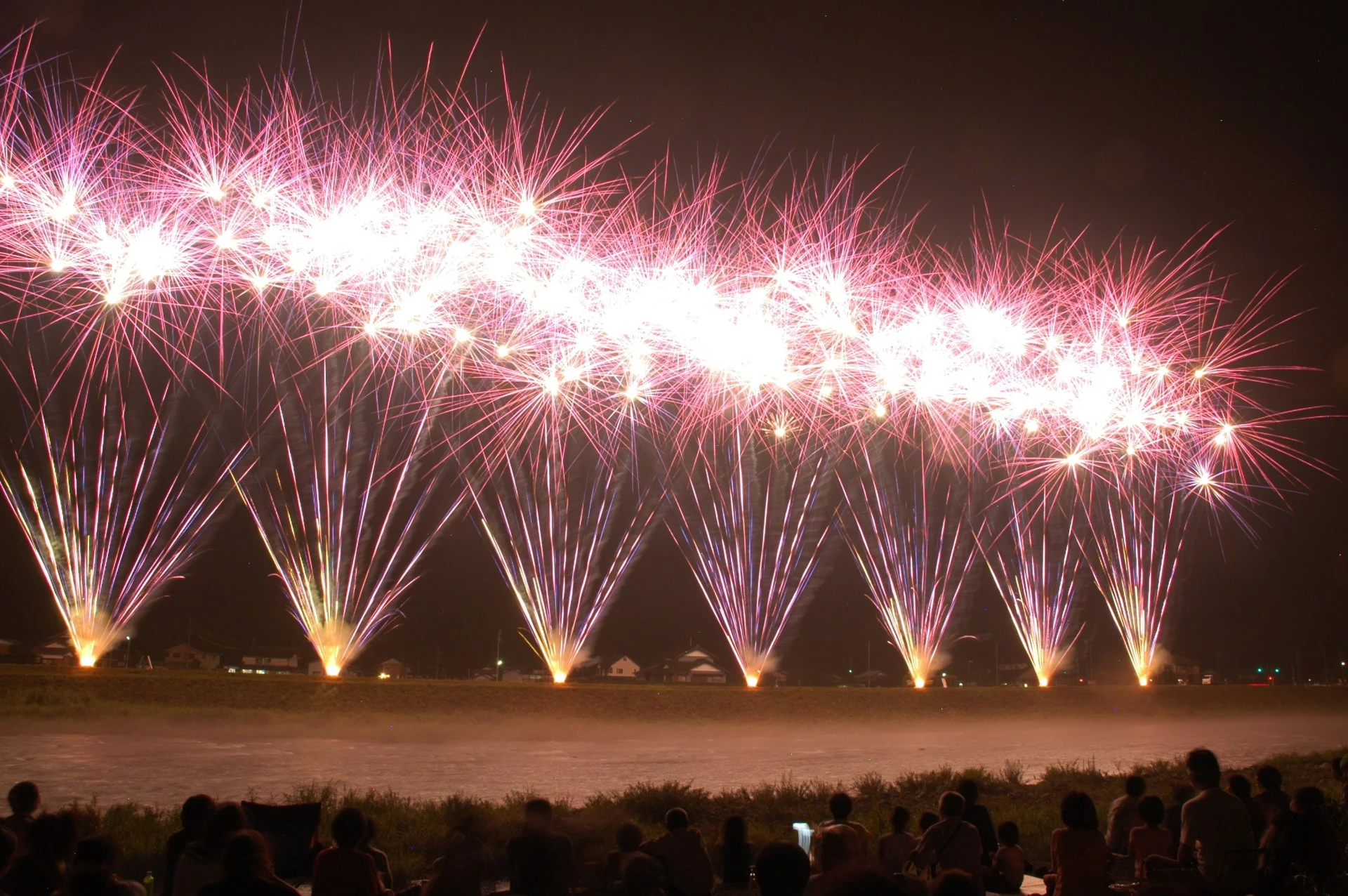 a group of people watching fireworks