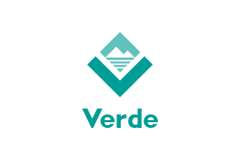 a logo with a mountain and a lake