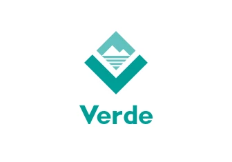 a logo with a mountain and a lake
