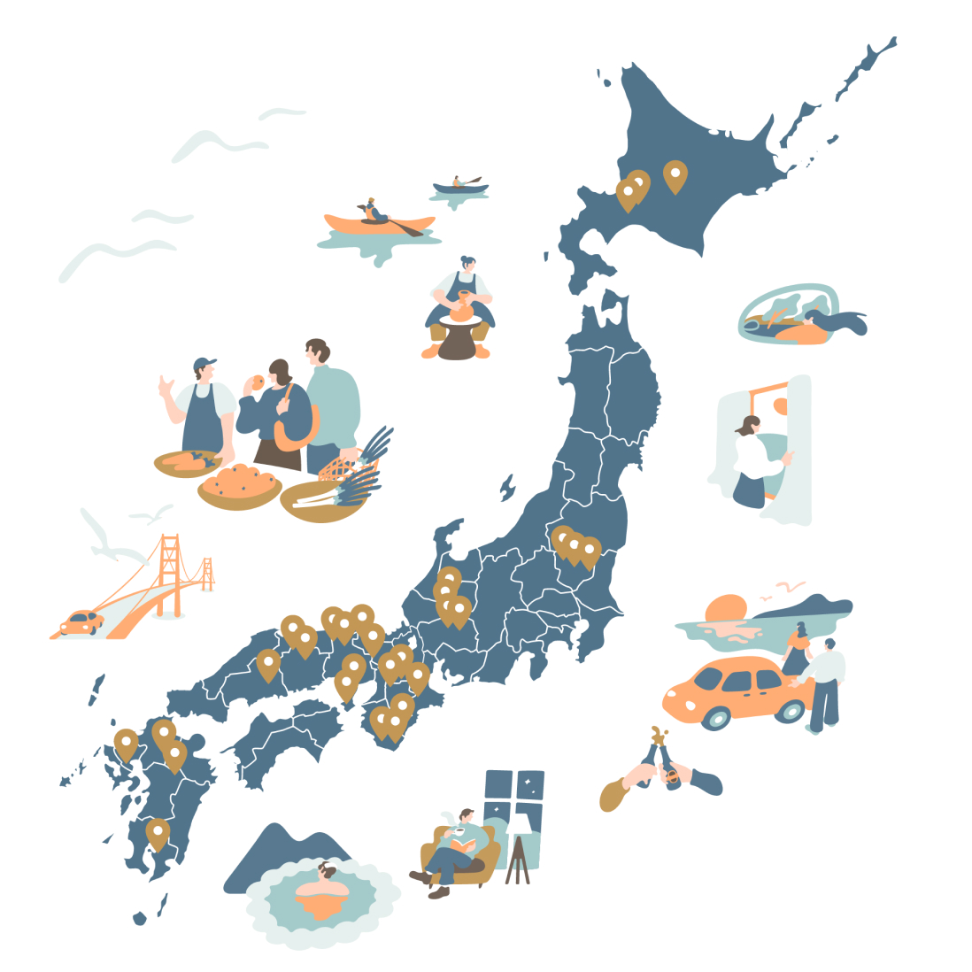 a map of japan with various objects