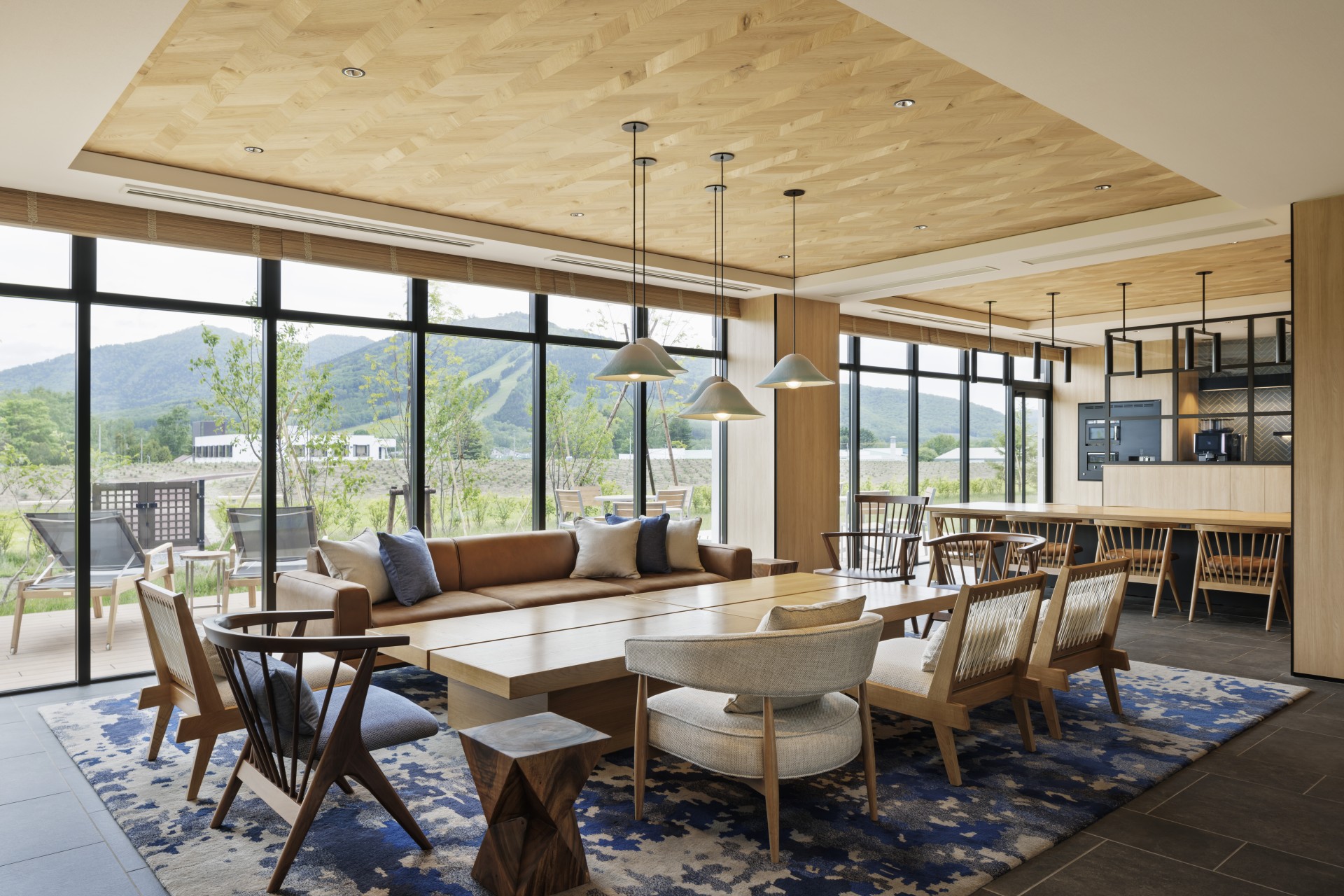 a room with a large table and chairs