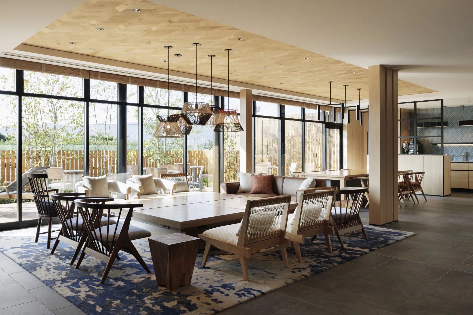 a room with a large table and chairs