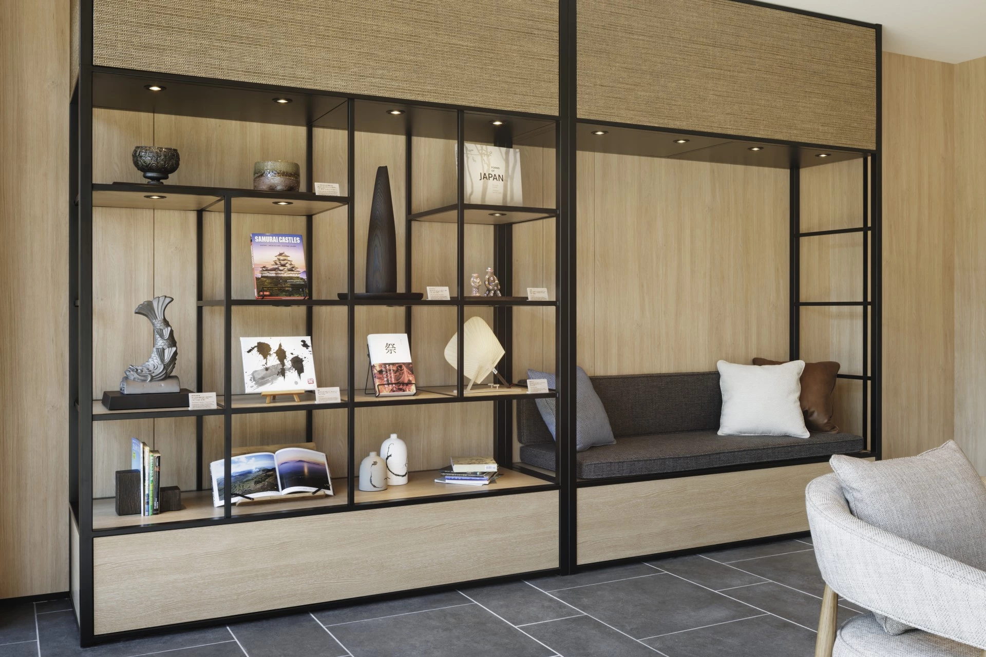 a room with a shelf and shelves