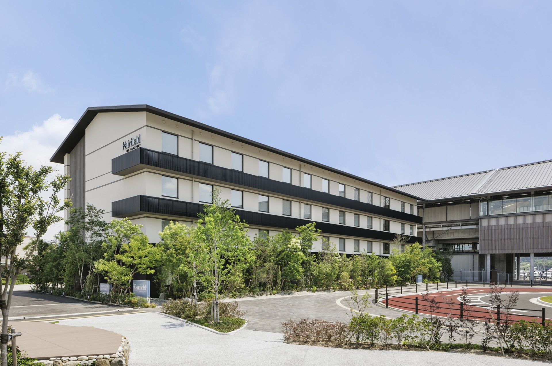 a building with trees around it