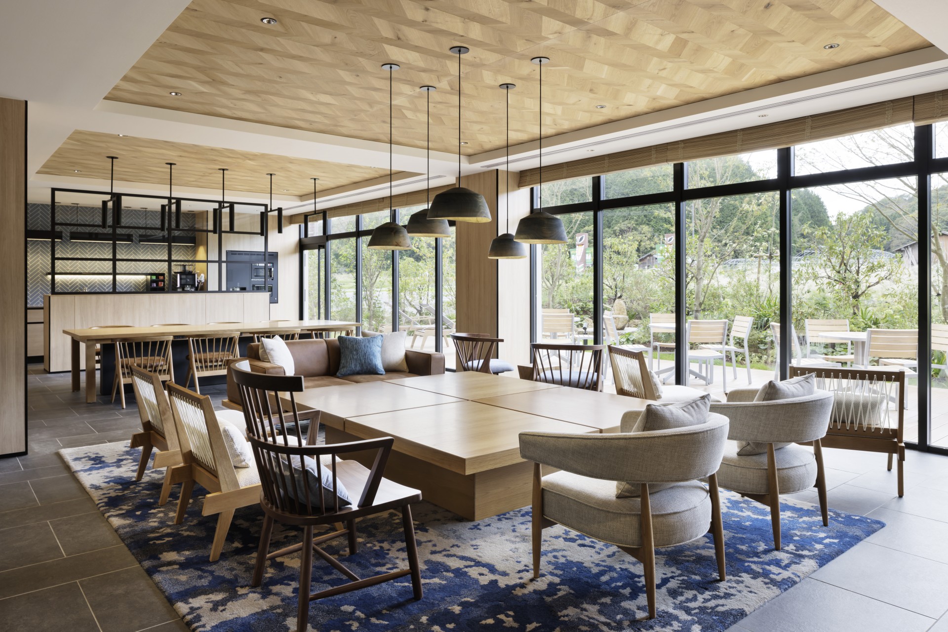 a room with a large table and chairs