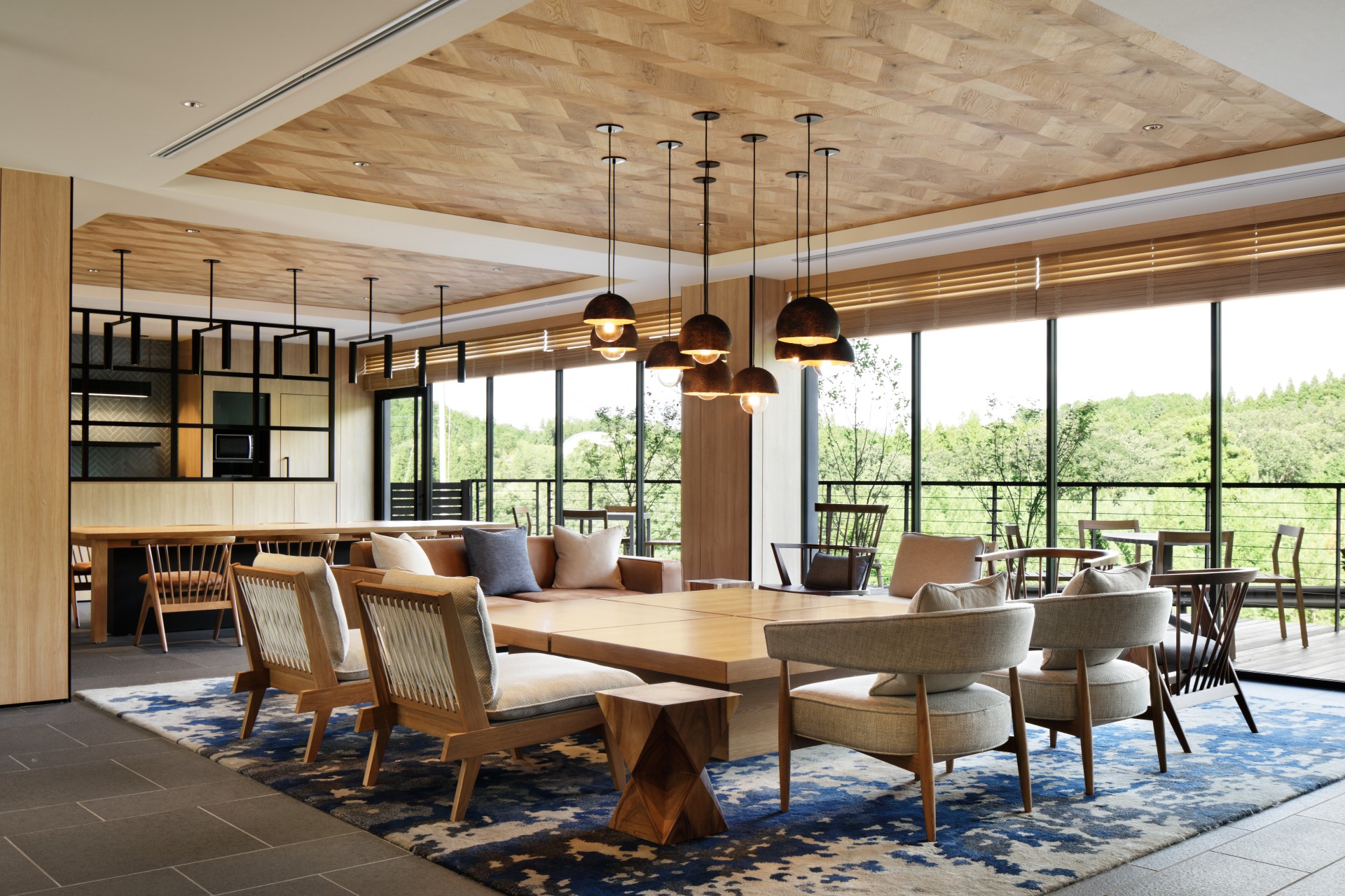 a room with a large table and chairs