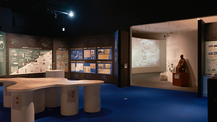 a room with a display of information on the wall