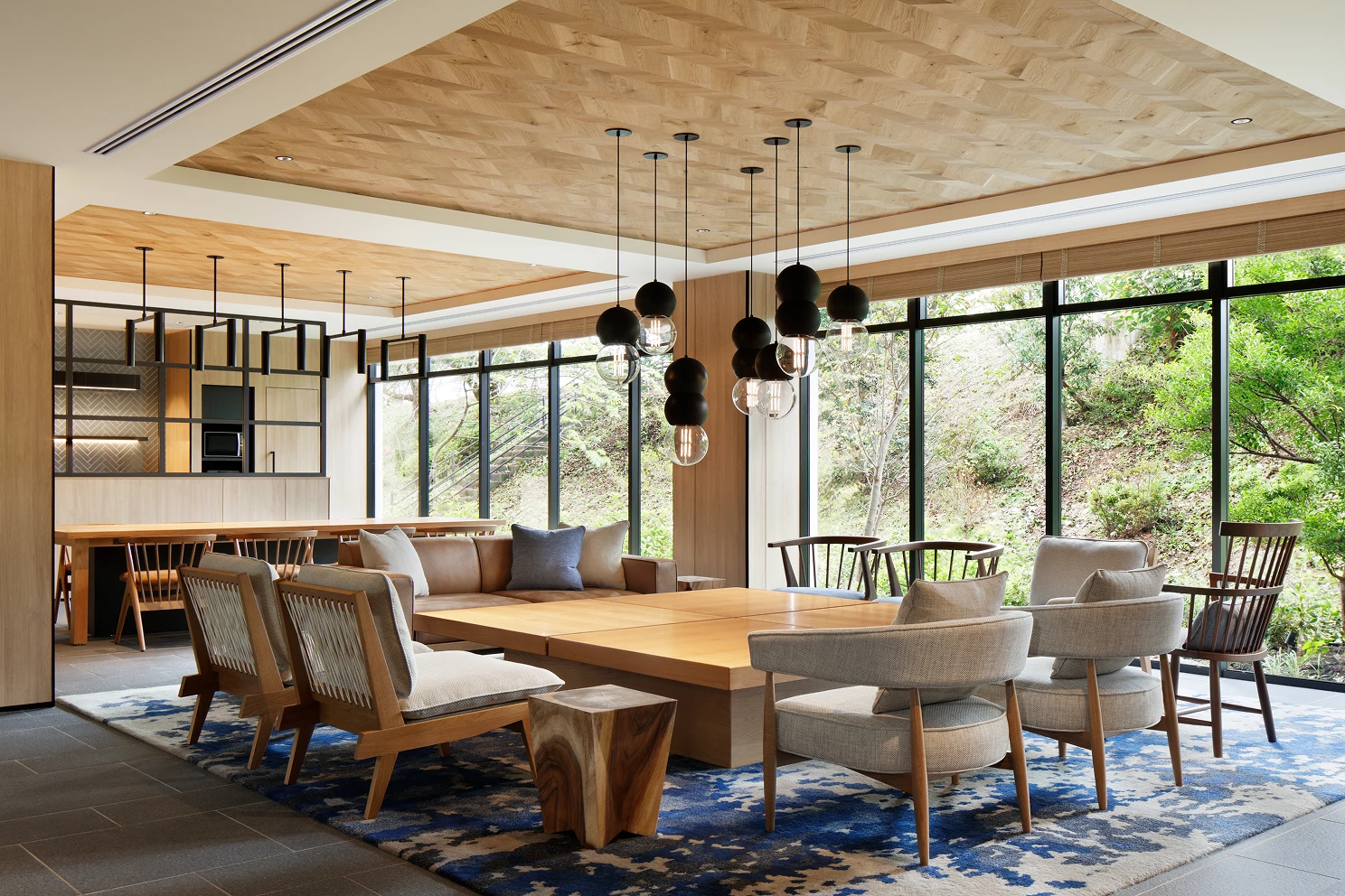 a room with a large table and chairs