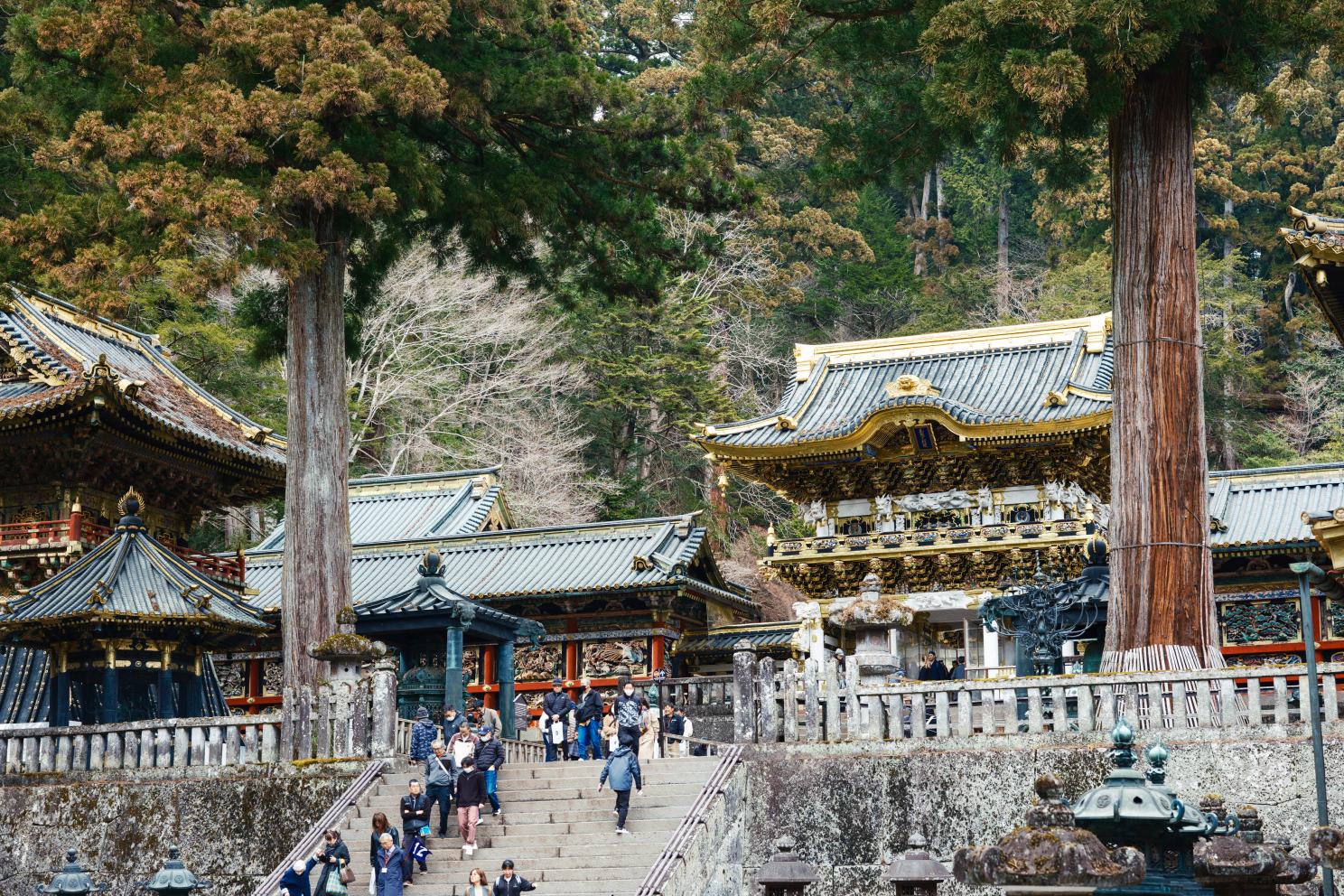 a group of people walking up stairs to a temple