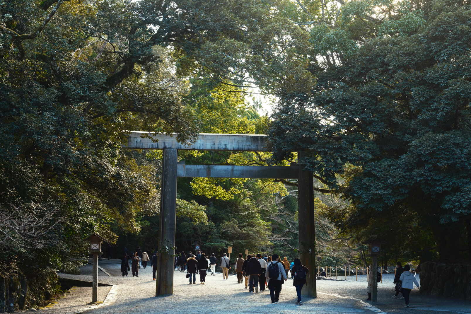a group of people walking under a large wooden arch with Meiji Shrine in the background
