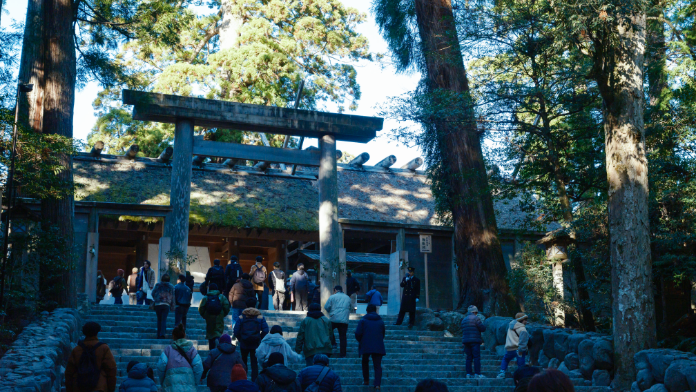 a group of people walking up stairs to a building