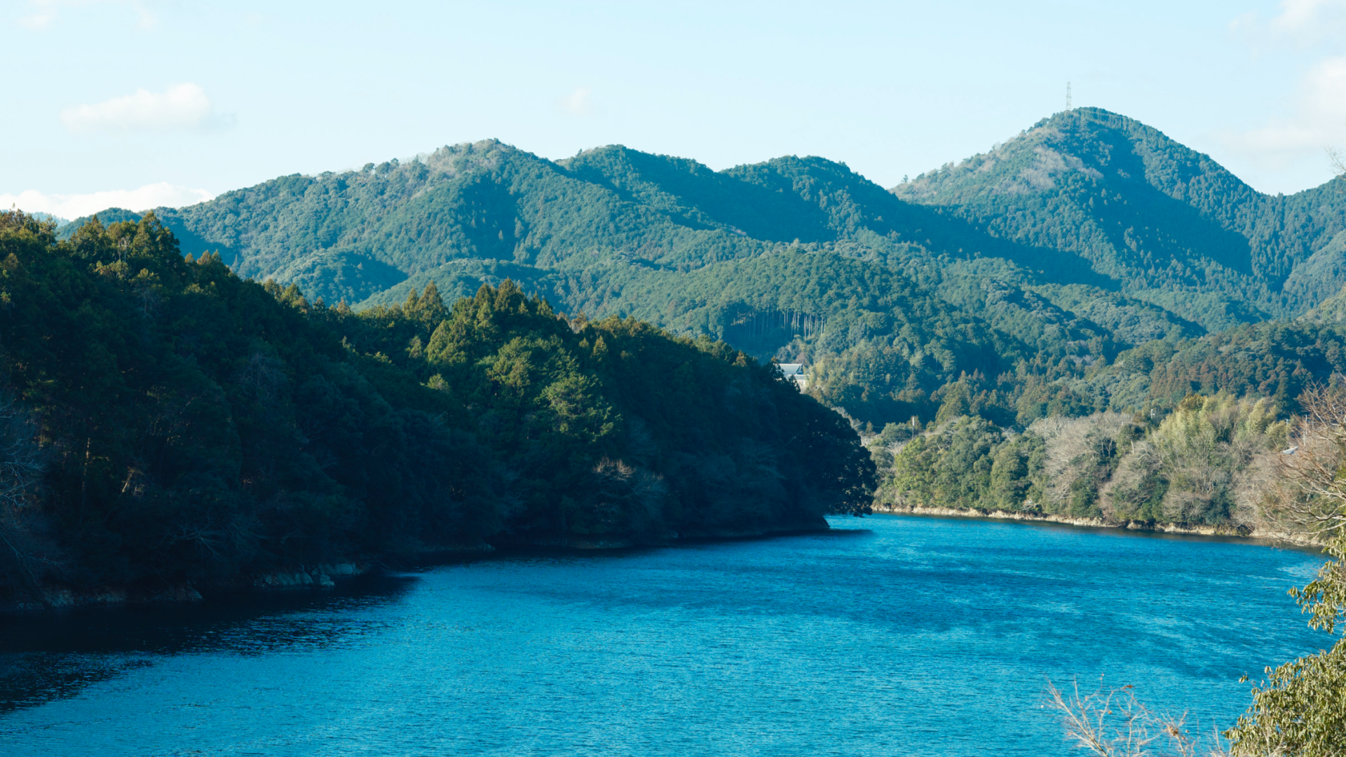 a body of water with trees and mountains in the background