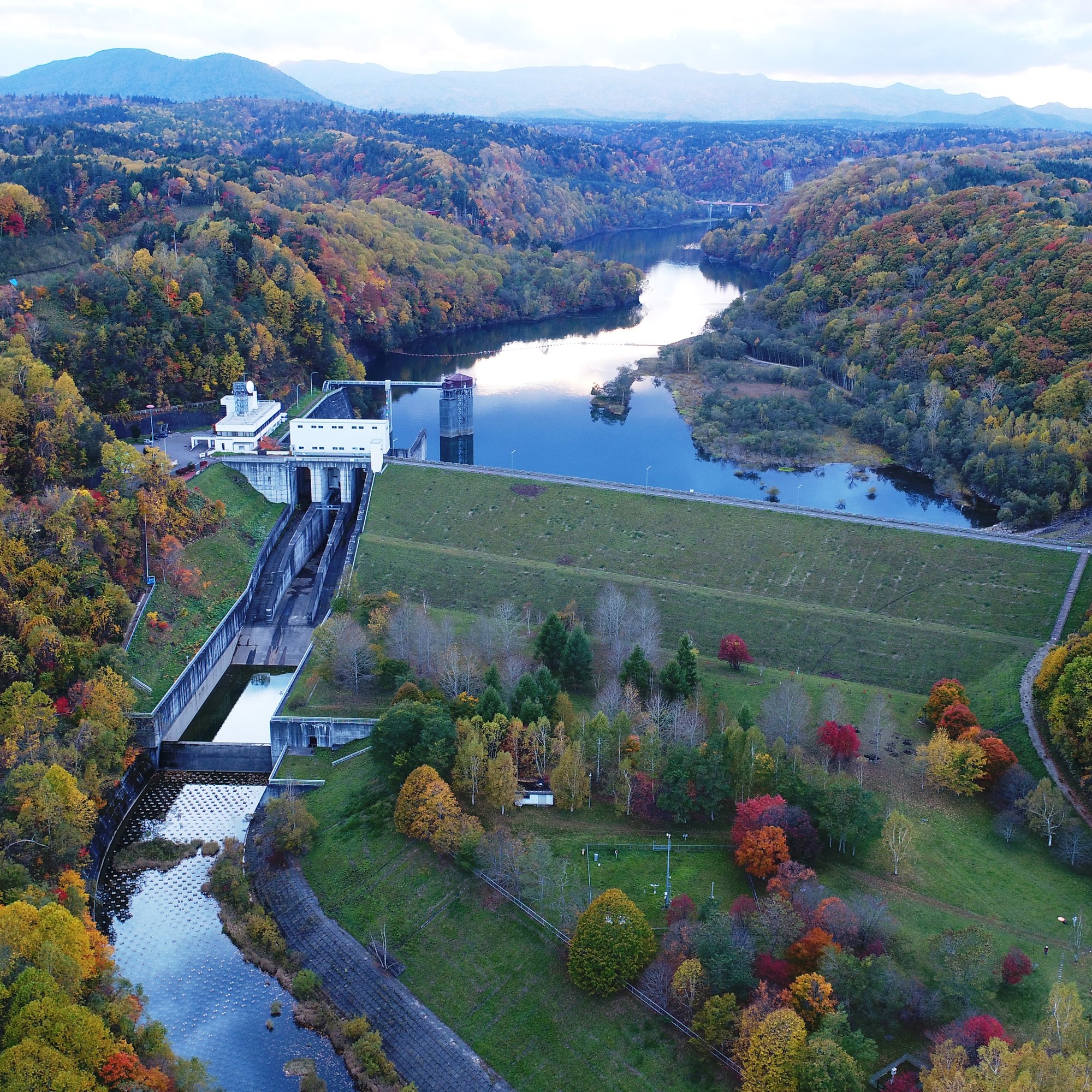 a river flowing through a grassy area with trees and mountains