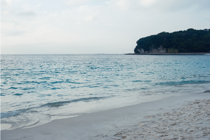 a beach with a body of water and a hill