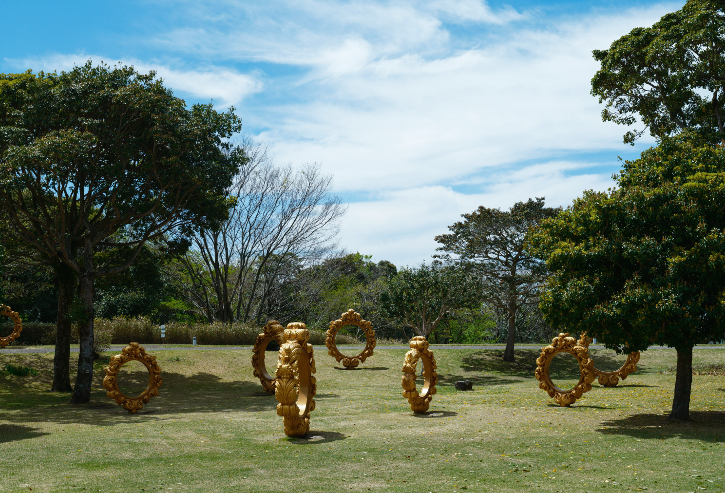 a group of gold circular objects in a park