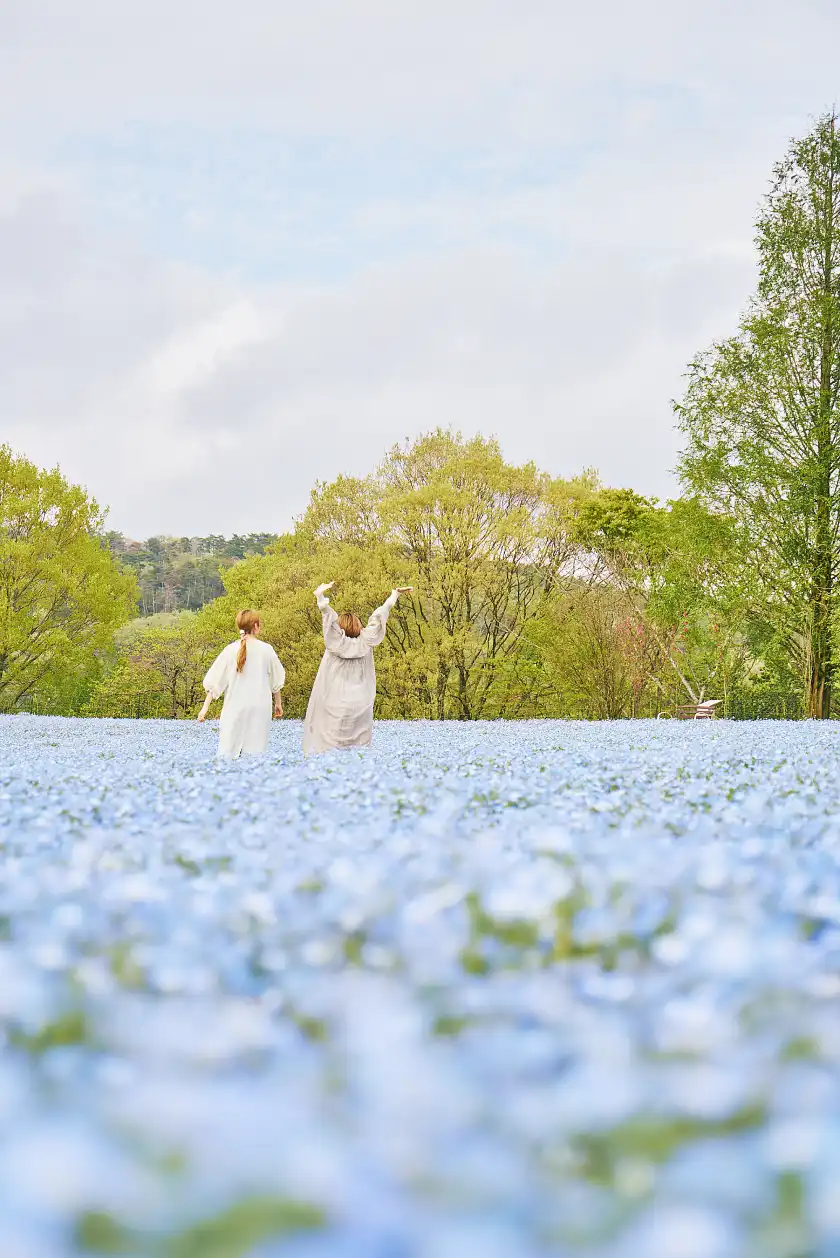 two people in white robes in a field of flowers
