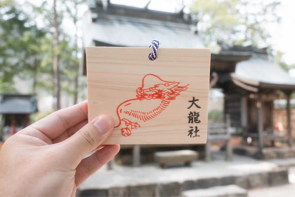 a hand holding a wooden sign with a dragon on it