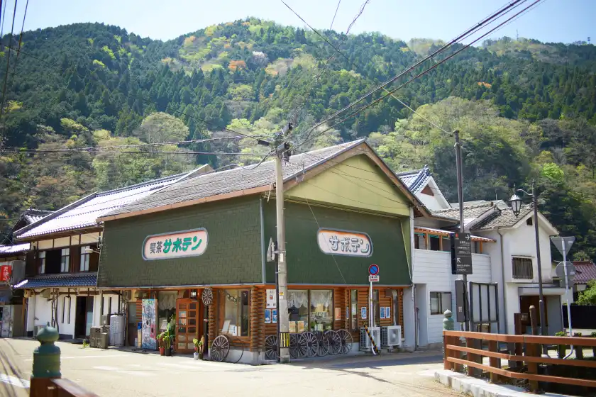 a building with a green roof and a green sign with a mountain in the background