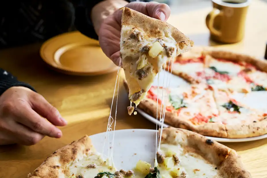a person holding a slice of pizza