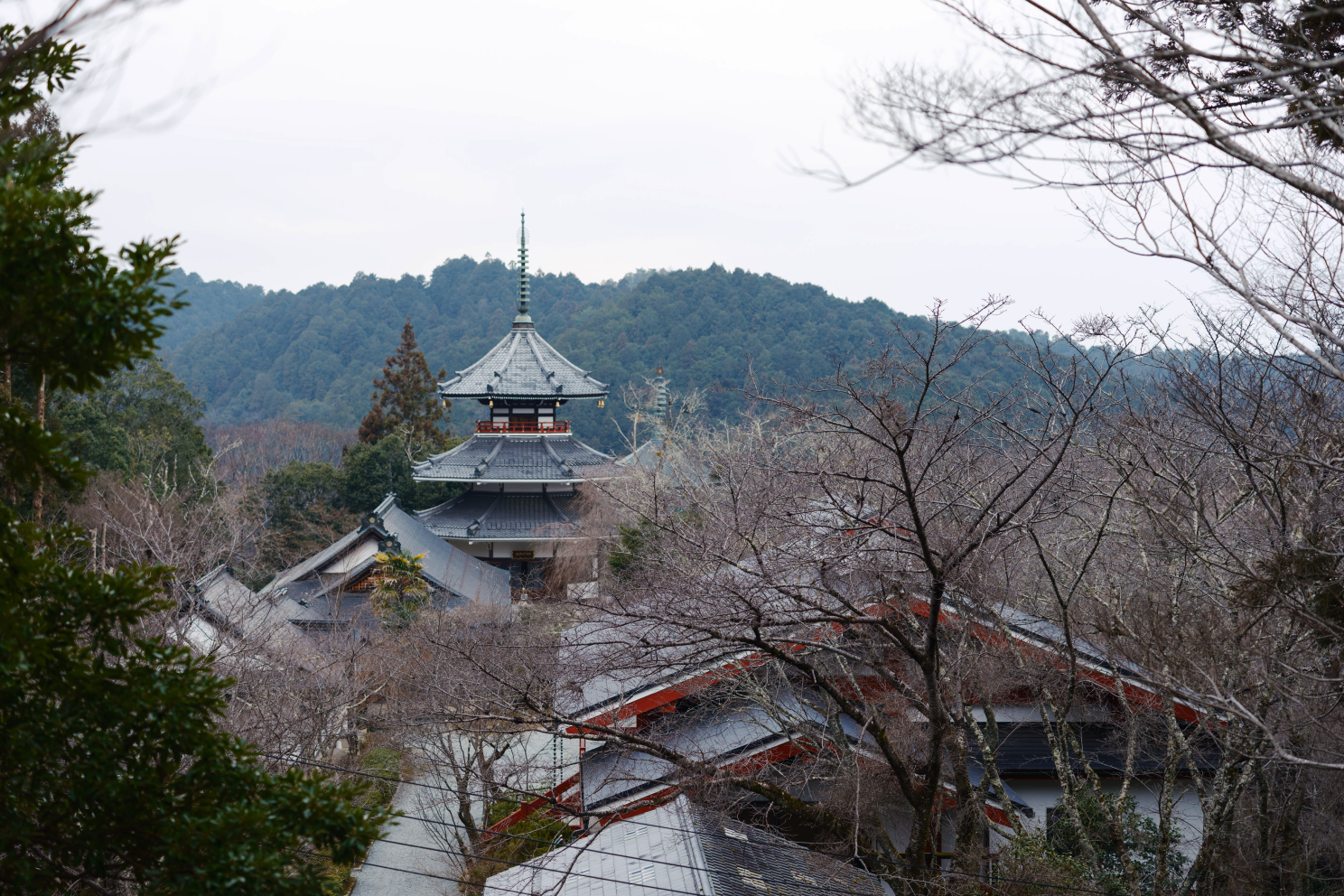 a building with a steeple and trees in the background