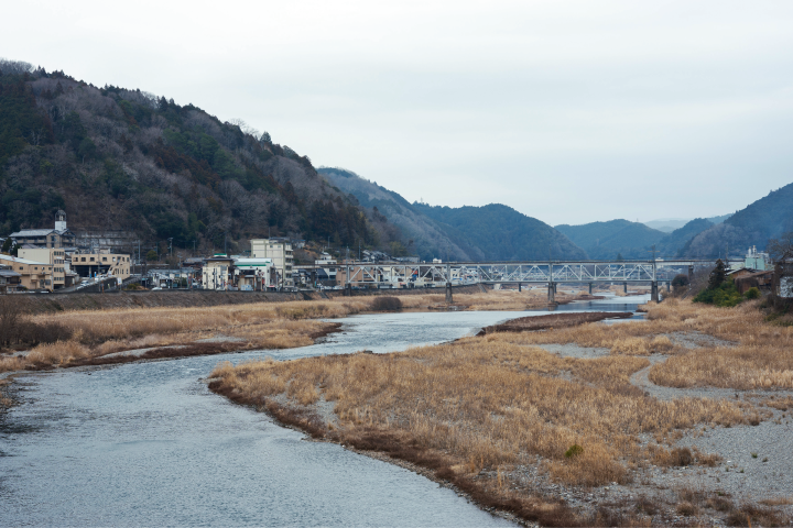 a river running through a valley with a bridge over it