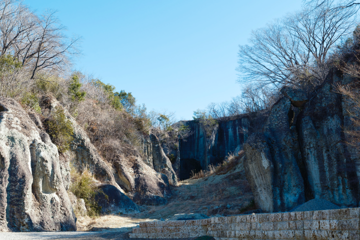 a rocky cliff with trees and a blue sky