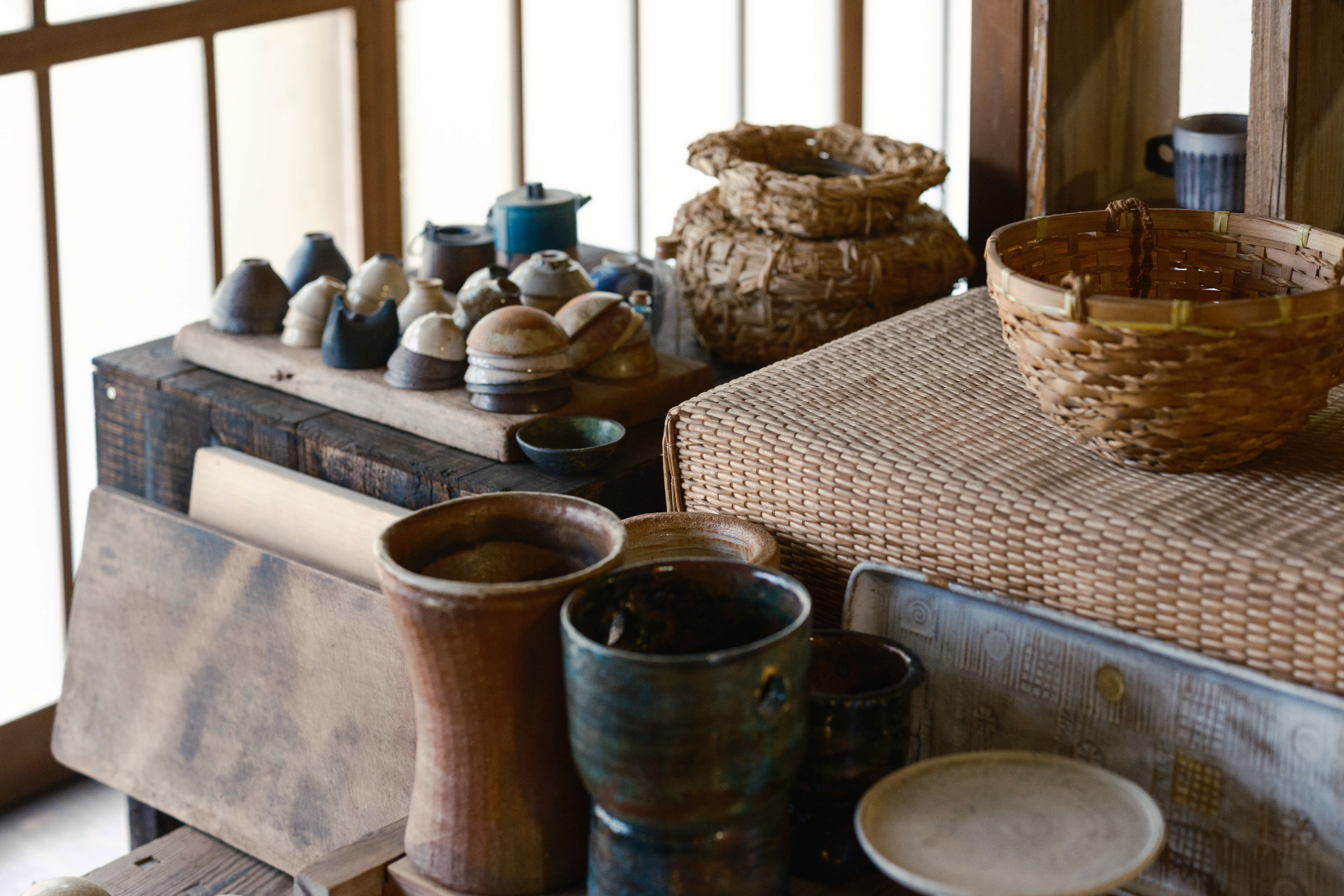 a table with a group of objects