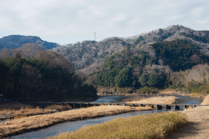 a river running through a valley with trees and a bridge