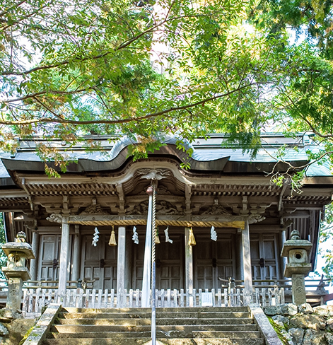 front view of building in japan behind some trees