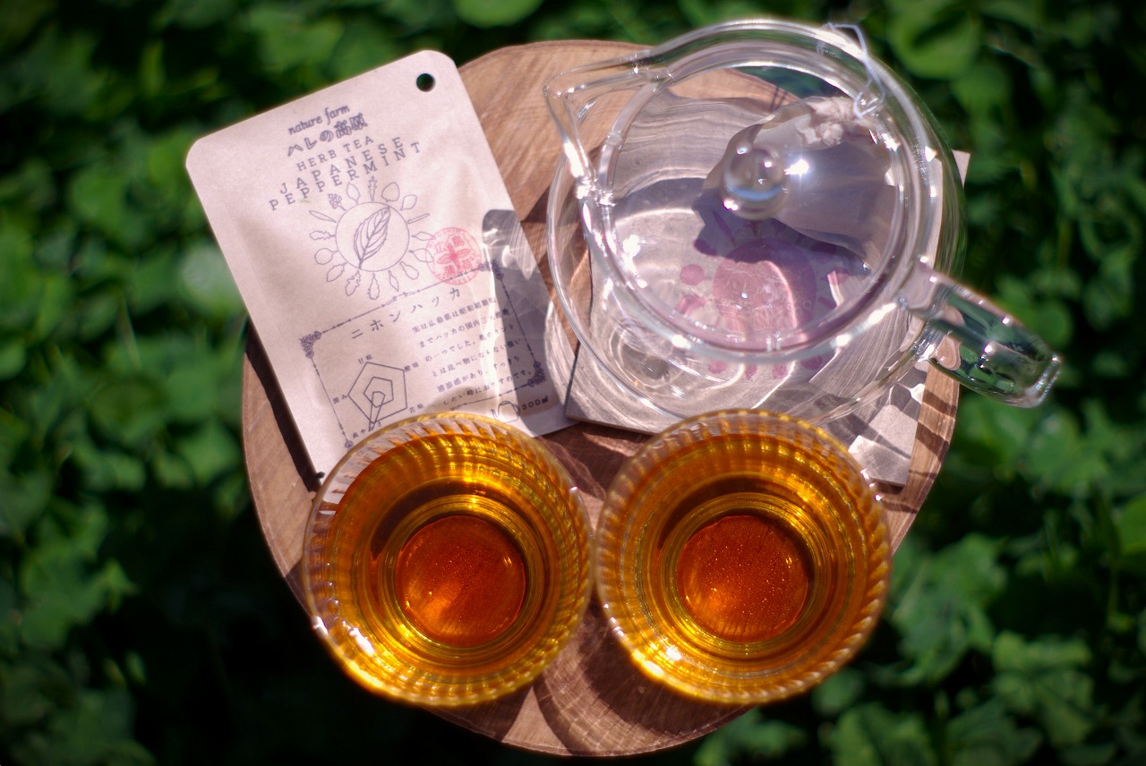 a glass cups of liquid and a teapot on a wood surface