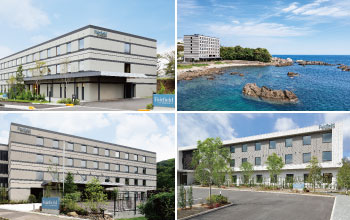 a collage of buildings and a body of water