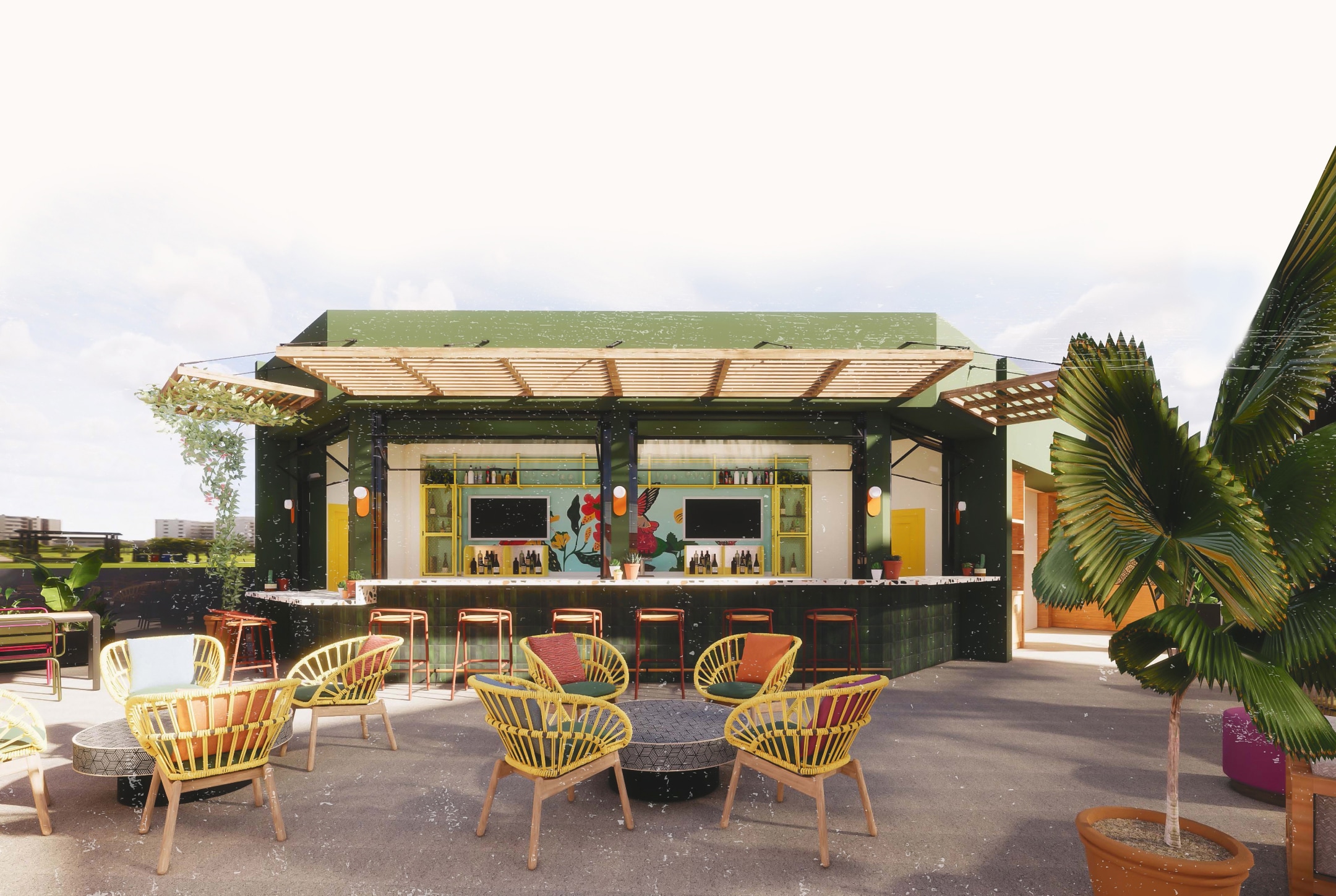 a patio with chairs and a table